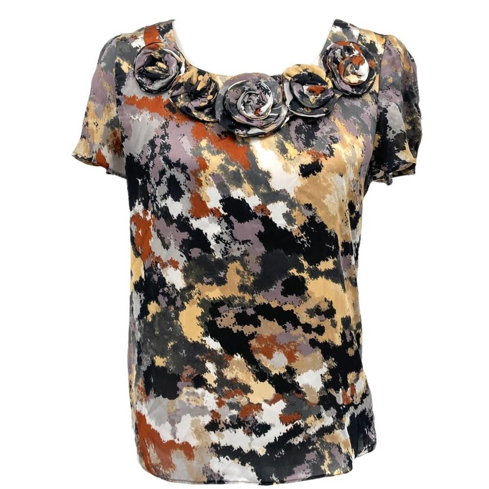 NY Collection Rosette Short Sleeve Abstract Print Silky Blouse